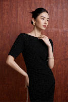 BGTEEVER-vestido ajustado a cuadros para mujer, prenda elegante de manga corta, ceñido a la cadera, con cuello oblicuo, para primavera y verano - details 3