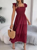 Escote cuadrado de verano con mangas anchas y pliegues, vestido informal de algodón transpirable para playa o uso diario, estilo bohemio - details 25