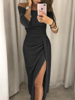 BUNO-Vestido de moda informal para mujer, vestido largo de fiesta de noche ajustado de manga larga con hombros descubiertos para mujer Vestidos de tubo divididos asimétricos - details 12