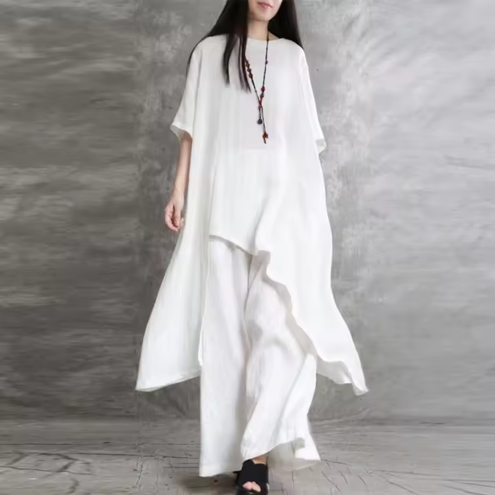 Conjunto deportivo informal de 2 piezas de lino y algodón para mujer, Top largo de manga corta con cuello redondo, estilo coreano de talla grande - 1