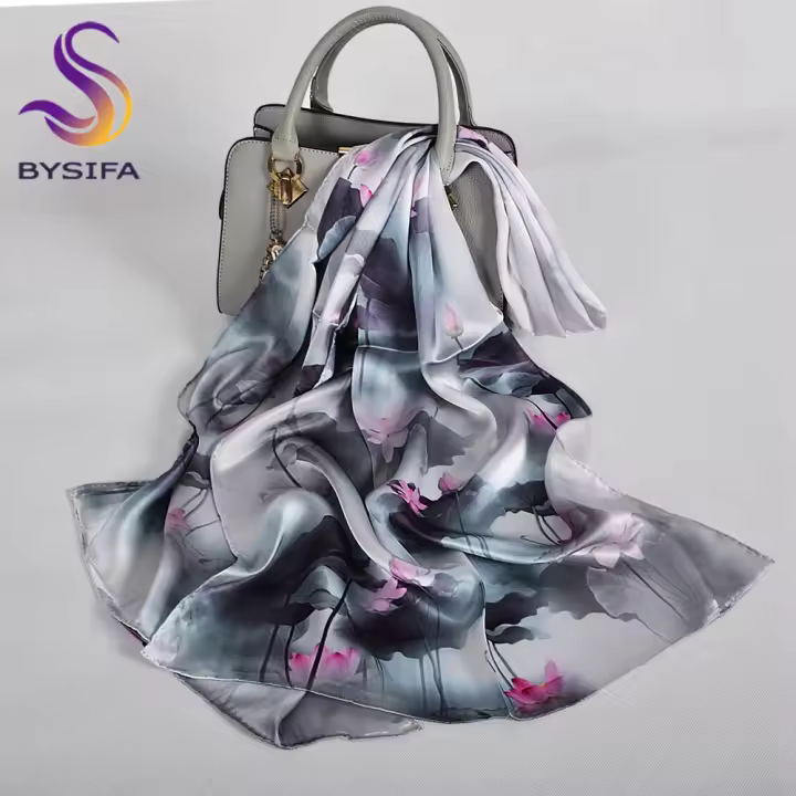 BYSIFA 12 Momme Bufanda de seda de morera 100%, estilo chino, pintura con tinta de agua, ligera, suave, transpirable, larga, protector solar de verano, chal de playa para mujer - 1