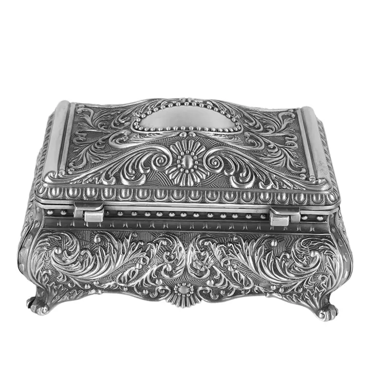 Caja de joyería de metal, caja de almacenamiento de baratijas rectangular, joyero vintage para mujeres y niñas, cumpleaños, Navidad, plata antigua - 1