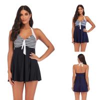 Bañador Vintage de talla grande para mujer, ropa de baño de dos piezas con vestido, Halter Tankini, pantalones cortos de playa a - details 1