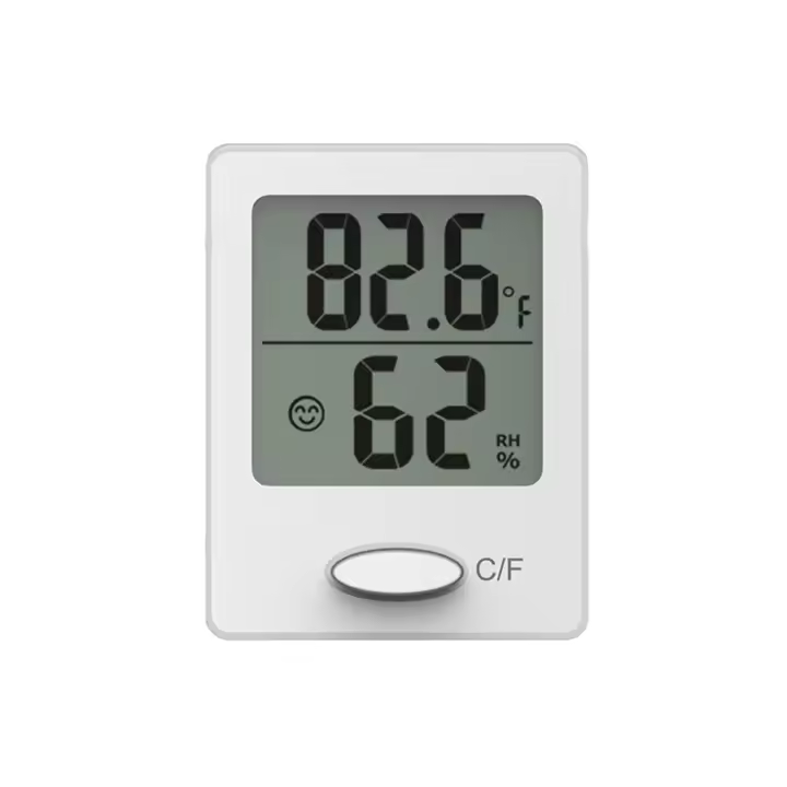 Termómetro de ambiente, mini medidor de humedad, termómetro higrómetro negro, blanco y naranja con pantalla LCD transparente e íconos de cara - 1
