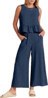 Conjunto casual de verano para mujer, top sin mangas plisado y pantalones cortos de pierna ancha - details 36