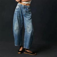 Vaqueros de tiro medio de estiramiento alto, Vaqueros de mezclilla de cintura media holgados informales con forma de pierna ancha a la moda para mujer - details 0