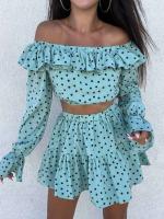 Marthaqiqi - Conjunto de pijama de lunares para mujer, top de manga larga con cuello diagonal, falda corta, pijama, Tre - details 3