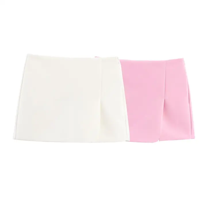 PB&ZA2025casual pantalones cortos de cintura alta de color sólido con línea A pequeña para todos los días, falda pantalón de verano para mujer - 1