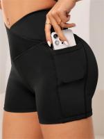 Pantalones cortos de motociclista de cintura alta cruzada para mujer, bolsillos laterales, suaves y cómodos, cruzados, para correr, Yoga, pantalones cortos atléticos - details 2