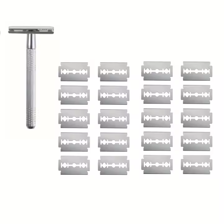 Maquinilla de afeitar de doble filo, afeitadora de barba de seguridad en forma de T con cuchillas de repuesto, afeitadora Manual portátil, adecuada para usos de viaje en casa - 1