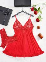 Conjunto de camisón de poliéster elástico de color sólido maduro 100g/m² Micro-Estiramiento, espalda en V profunda sin mangas con cinta y falda asimétrica, con encaje y tanga, para mujeres - details 1