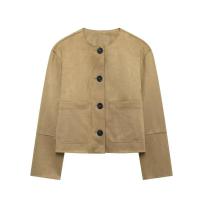 TRAFZA-Chaqueta elegante con efecto de textura de gamuza para mujer, abotonado Chaqueta con bolsillo, cuello redondo, Retro, a la moda - details 1
