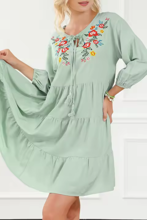 Elrachen Vestido de mujer con dobladillo con volantes y bordado floral, verde, tallas S-XL - 1