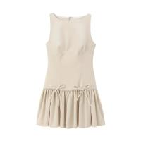 TRAFZA-Vestido corto informal para mujer, traje sin mangas con cuello redondo, lazo decorativo y cremallera, 4 colores, 2024 - details 3