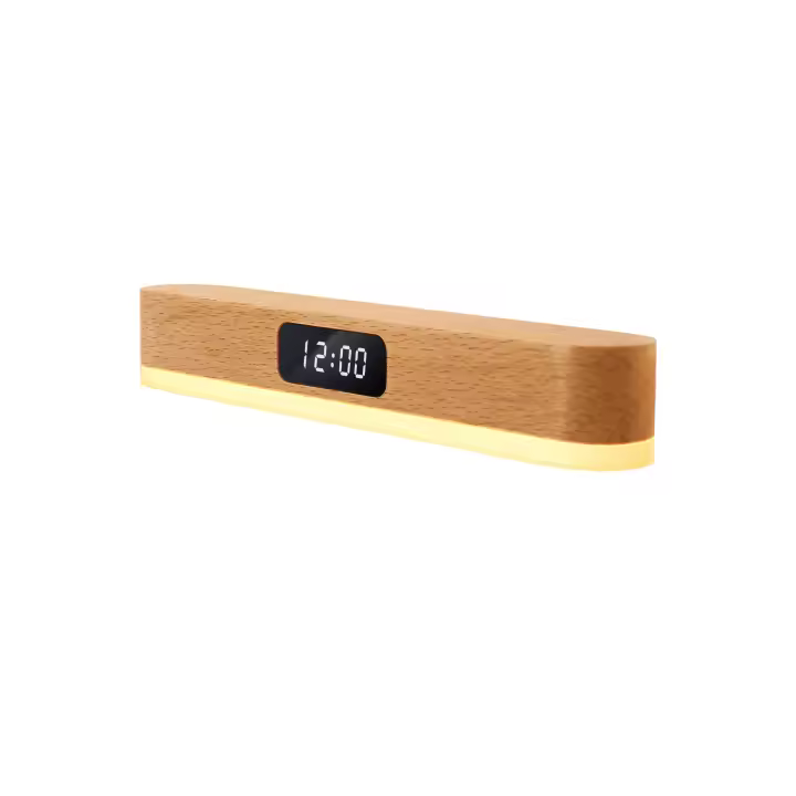 Lámpara De Alimentación Recargable Con Control Remoto, Luz Nocturna Inteligente Con Reloj De Madera Maciza Con Luz Ambiental - 1
