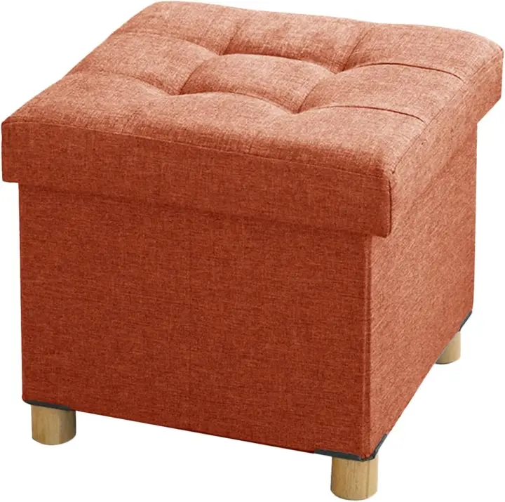 Taburete Plegable Cuadrado de Almacenamiento Baúl Tapizado de Esponja, Patas de Madera Maciza, 38 x 38 x 38 cm, Naranja - 1