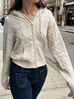 Cárdigan de punto con flores retorcidas para mujer, suéter de manga larga con capucha y cremallera, abrigo corto, ropa de calle, suéteres de moda, - details 0