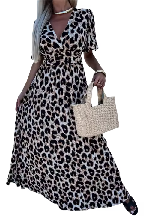 Elrachen Vestido largo de leopardo con cuello en V y cintura alta con espalda abierta para mujer, caqui, tallas S-XL - 1