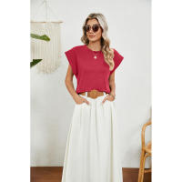 BUNO-2025 Tops para mujer, pantalón corto informal de moda de verano, camisetas básicas con textura a rayas de Color sólido y cuello redondo - details 32