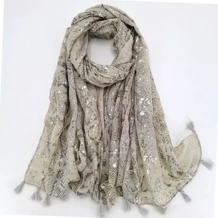 Chal de viscosa con borla y purpurina de para mujer, bufanda suave y brillante, Pashmina plateada, estola, Hijab musulmán - 1