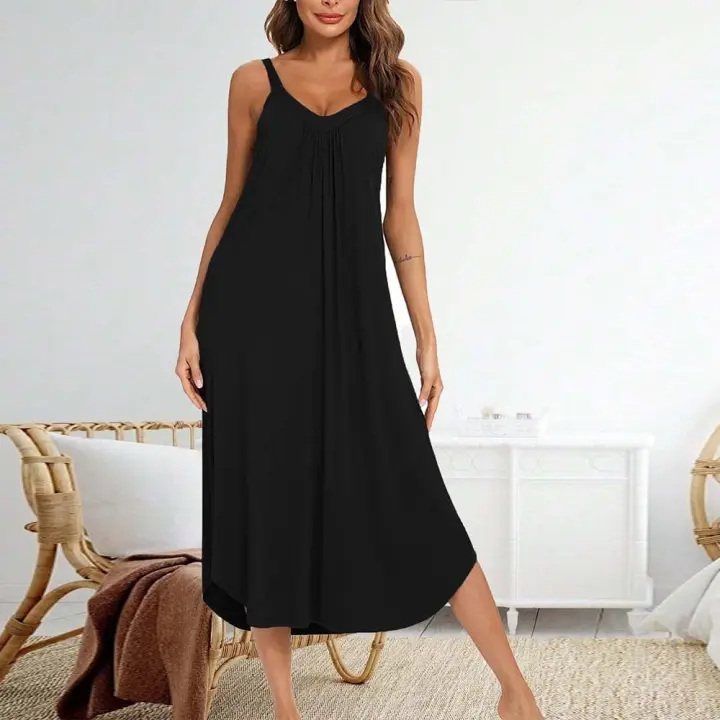 Vestido de tirantes de cuello V sin mangas para mujeres cómoda ropa fresca para el hogar, falda de dormir suelta - 1