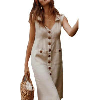 Vestido largo de lino y algodón para mujer, traje informal holgado para playa, Falda Midi para vacaciones, 2024 - details 3