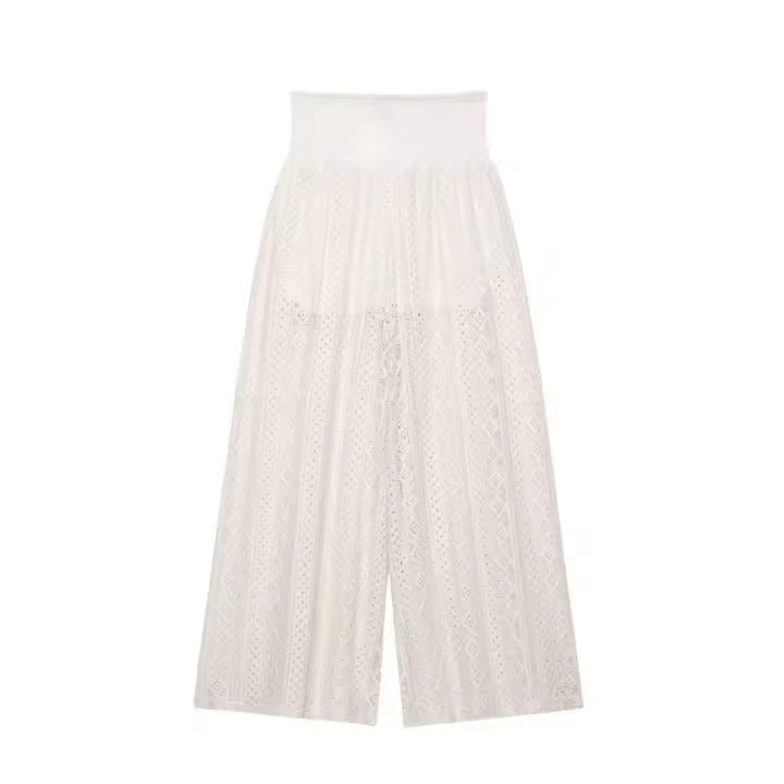 OUWU- Pantalones elásticos de cintura alta vintage de pierna ancha recta para mujer de moda, pantalones largos elegantes para mujer - 1
