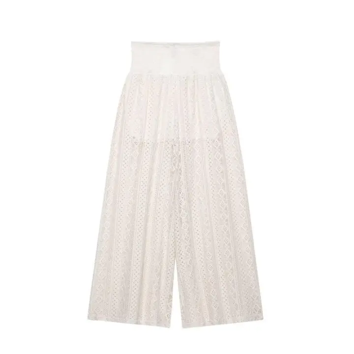 OUWU- Pantalones elásticos de cintura alta vintage de pierna ancha recta para mujer de moda, pantalones largos elegantes para mujer - 1