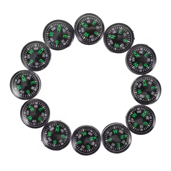 12 piezas Brújula al aire libre Brújula pequeña Brújula multifuncional para senderismo Supervivencia Mini actividades al aire libre Brújula portátil para caminata Brújula de bolsillo vintage Plástico negro - 1