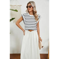 BUNO-2025 Tops para mujer, pantalón corto informal de moda de verano, camisetas básicas con textura a rayas de Color sólido y cuello redondo - details 87