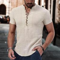 Camiseta de manga corta para hombre, camisa de lino y algodón con cuello en V y botones, ropa informal, Tops populares, novedad - details 6