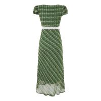 Vestido largo verde de verano estilo Spice Girl, con encaje a cuadros retro francés, estilo vacacional, temperamento, cintura delgada. - details 2
