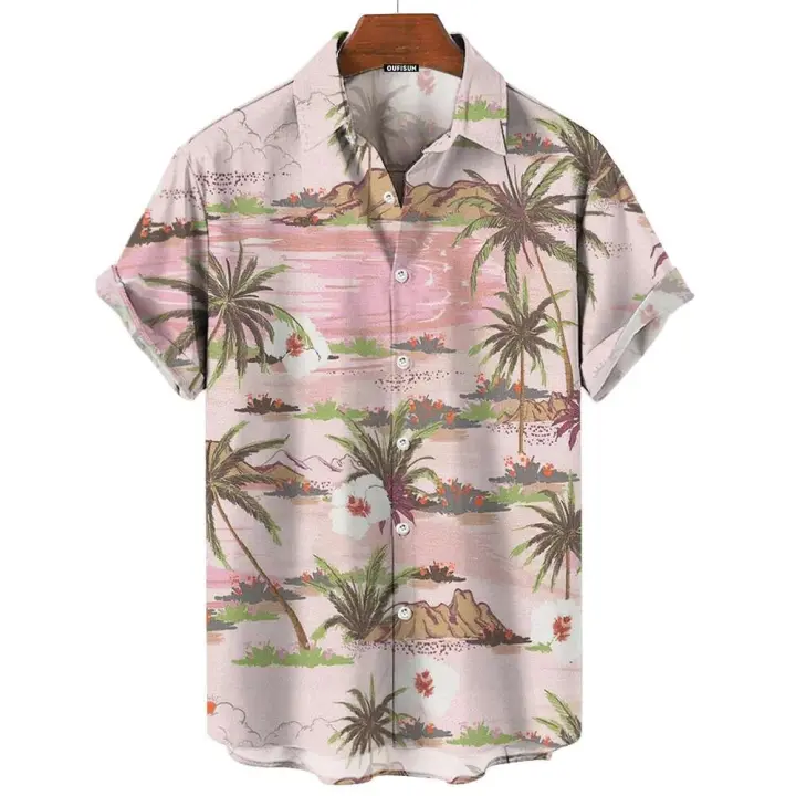 Camisa estampada de mezclilla hawaiana, pantalones cortos casuales, mangas superiores, ropa de calle grande, ropa de hombre original - 1