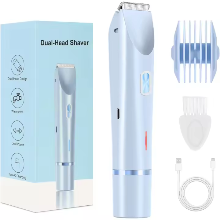 Recortadora de bikini de doble cabezal para mujer, afeitadora eléctrica inalámbrica impermeable, carga USB tipo C, depilación de cuerpo completo, segura y cómoda (azul) - 1