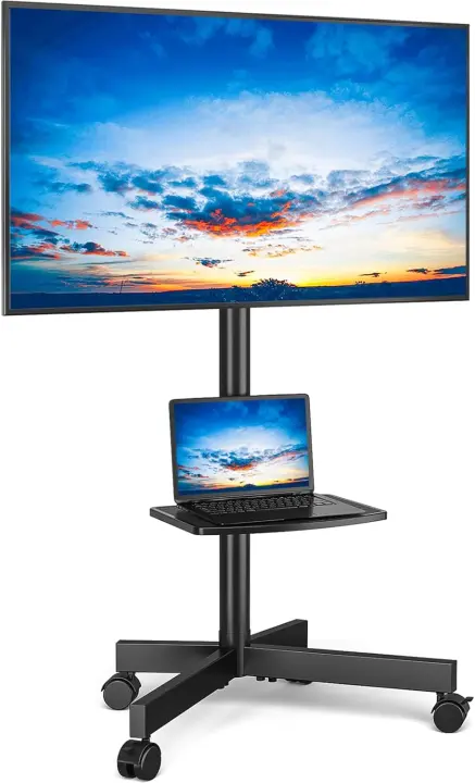 TV Ruedas Suelo Movil - Rfiver Blanco Soporte TV Pie para Monitor de Televisión de 27-60 Pulgadas - Soportes Televisor con Estantes Inclinable Altura Ajustable |   MAX 40kg Vesa 400x400 mm - 1