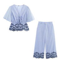 Conjunto de pantalones de pierna ancha para mujer, camisa a rayas con bordado hueco Retro francés, moda de verano - details 0