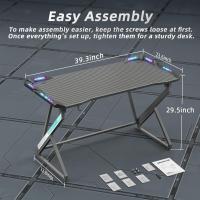 Escritorio LED para videojuegos, 100 x 60 cm, ergonómico, marco en Z con superficie de fibra de carbono, estable, fácil de montar, gancho para auriculares para juegos, estudio, trabajo, hogar, - details 2