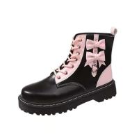 Tobillo con lazo rosa para mujer en otoño, botas cortas de suela gruesa de cuero PU - details 2