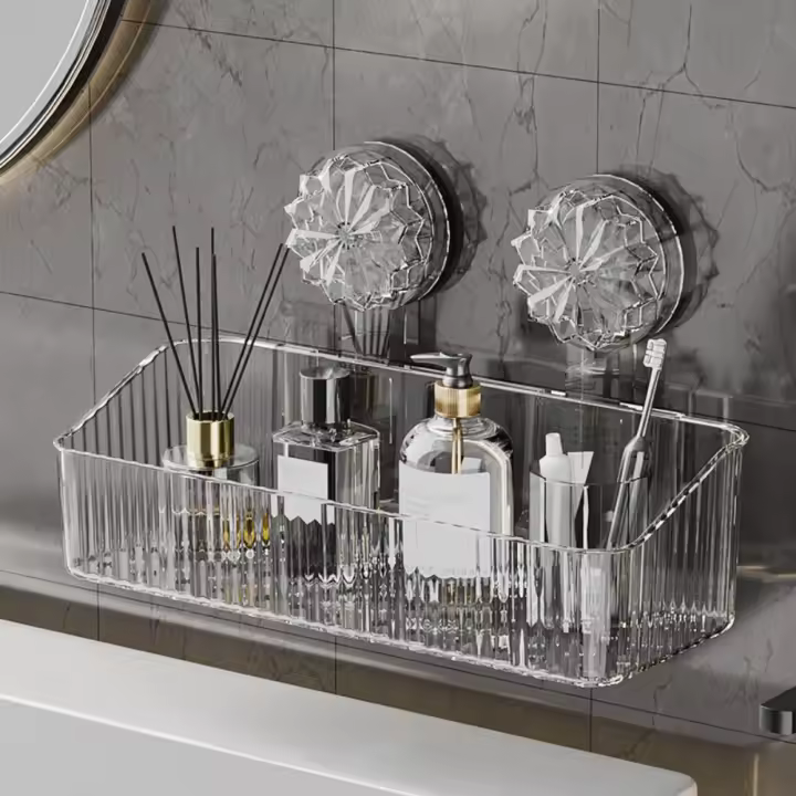 Estante con ventosa montado en la pared, estante de almacenamiento con gran capacidad de carga sin perforaciones, cesta de drenaje estable para ahorro de espacio para Baño - 1
