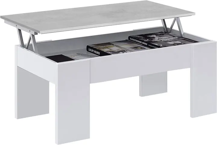 Mesa Baja de Centro Elevable Estilo Sala o Comedor Modelo LC Acabado en Blanco Artik y Roble Canadiense Medidas 100 cm x 50 cm x 45-56 cm - 1