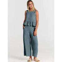 Conjunto casual de verano para mujer, top sin mangas plisado y pantalones cortos de pierna ancha - details 32
