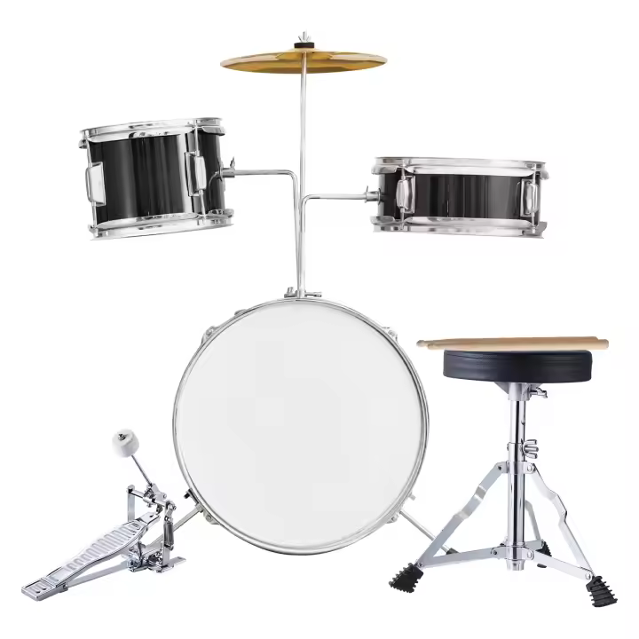SucceBuy Juego de batería para niños, 3 piezas, kit de batería para principiantes de 14" con trono ajustable, platillo, pedal, dos baquetas, tom de 8", caja de 10", bombo de 14", juego de inicio para niños, negro - 1
