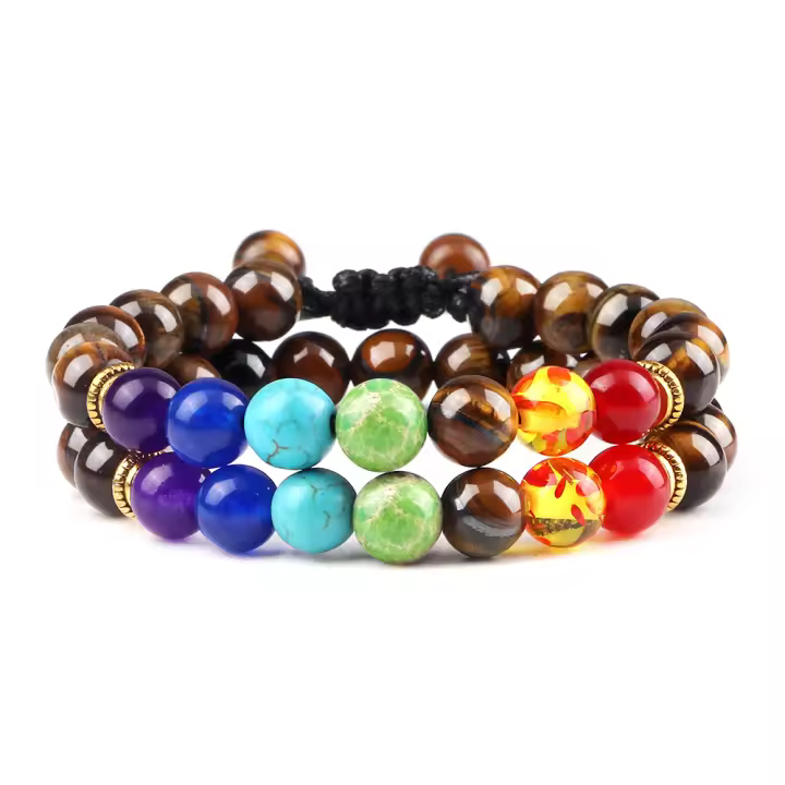 2 uds piedra Natural 7 Chakra curación con cuentas pulseras trenzadas ajustables hombres 8mm pulsera elástica de Lava mujeres Reiki joyería de Buda - 1