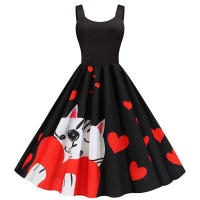 Women vintage spaghetti strap floral print high waist elegant sleeveless a-line party midi dress - details 56