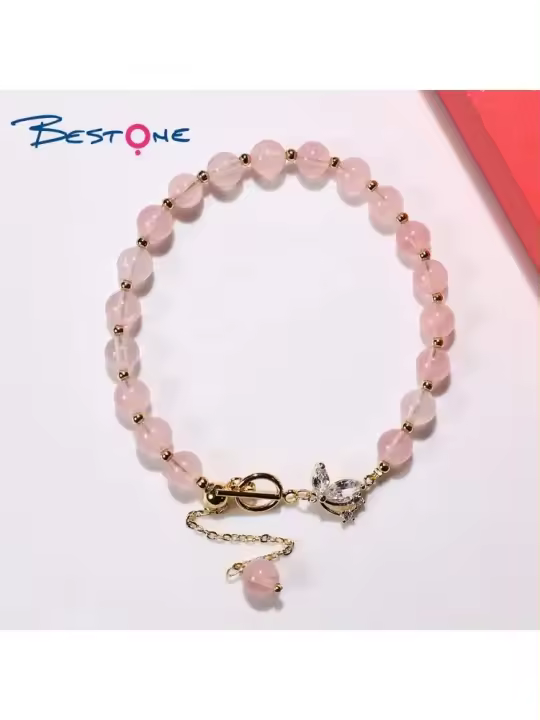 Pulsera curativa de mariposa de cuarzo rosa dorado de 14 quilates - 1