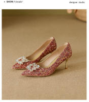 Zapatos de Novia de Otoño Tacones Altos de Champán para Mujer Suela Cuadrada de Cristal - details 23