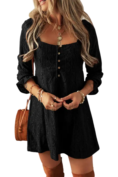 Elrachen Mini vestido de encaje de ganchillo con botones y cuello cuadrado para mujer, negro, tallas S-XL - 1