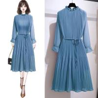 Vestido elegante de gasa hasta la rodilla para mujer con cuello de volantes y cremallera, línea A morada, moda coreana para mujer - details 2