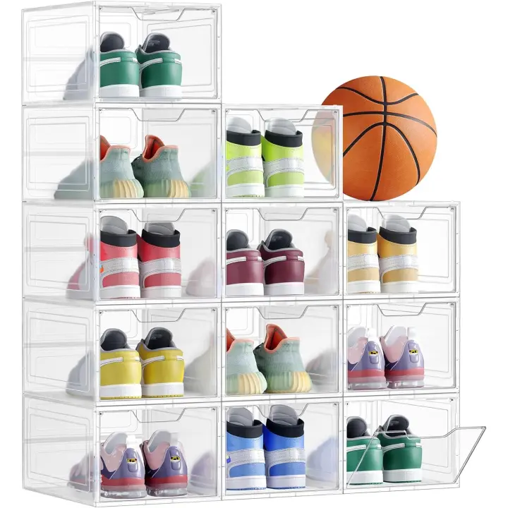 Cajas de Zapatos, Cajas Plástica Apilable para Zapatos, Juego de 12 Organizadores de Zapatos, Ahorro de Espacio, Fácil Montaje, 34 x 25 x 18,4 cm, Hasta Talla 44, Negro Transparente - 1