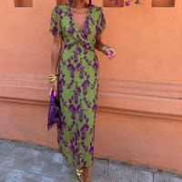 Vestido de manga corta con cuello en V, ajustado, elegante y largo con estampado de bloques de color de moda para mujer, primavera 2025 - details 1